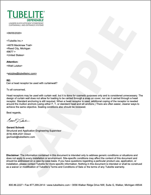 Curtain Wall Head Receptor Submittal Form Tubelite